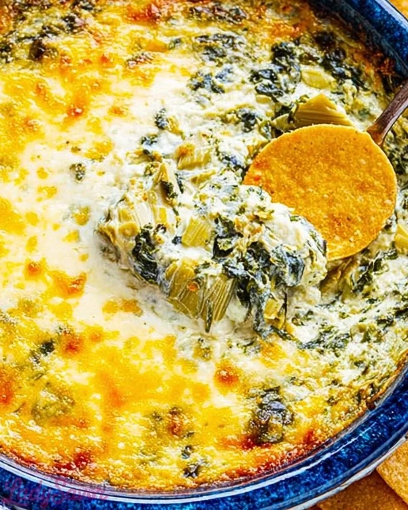 Hot spinach artichoke dip served in a bowl with tortilla chips